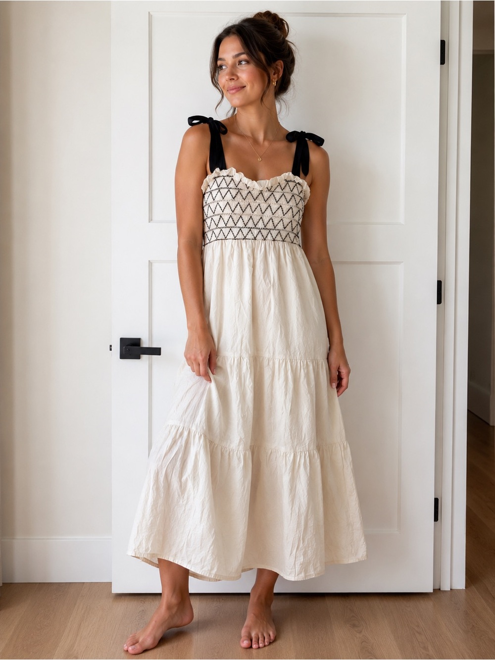 Audrey Parks Coastal Cowboy Boho Festival Cream Maxi Dress with Black Tie Straps